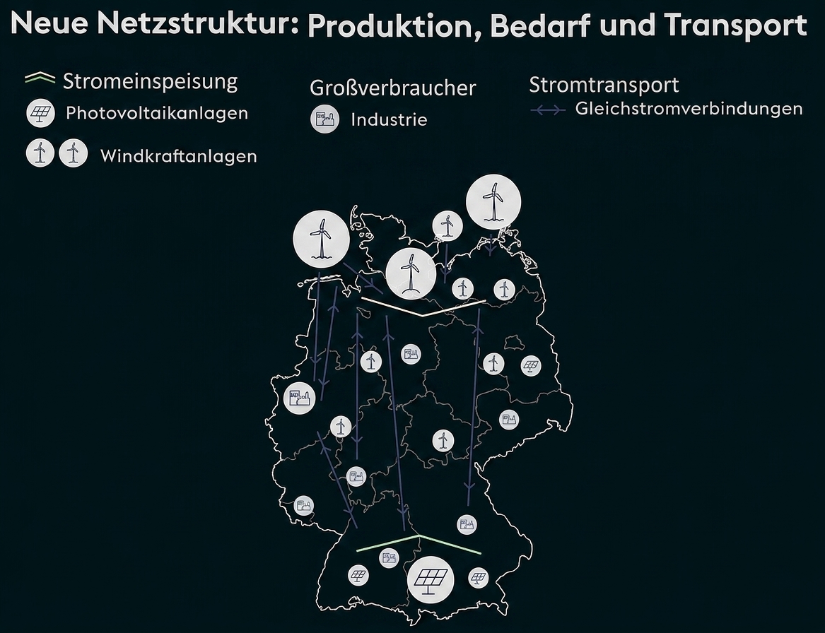 Karte Deutschlands mit Windparks im Norden, Solaranlagen im Süden, Industrie-Icons und Stromtransport-Pfeilen.
